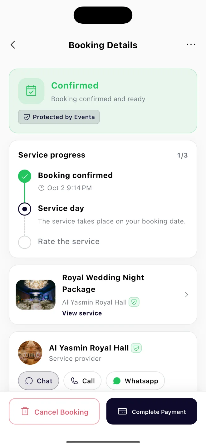 Booking details and status